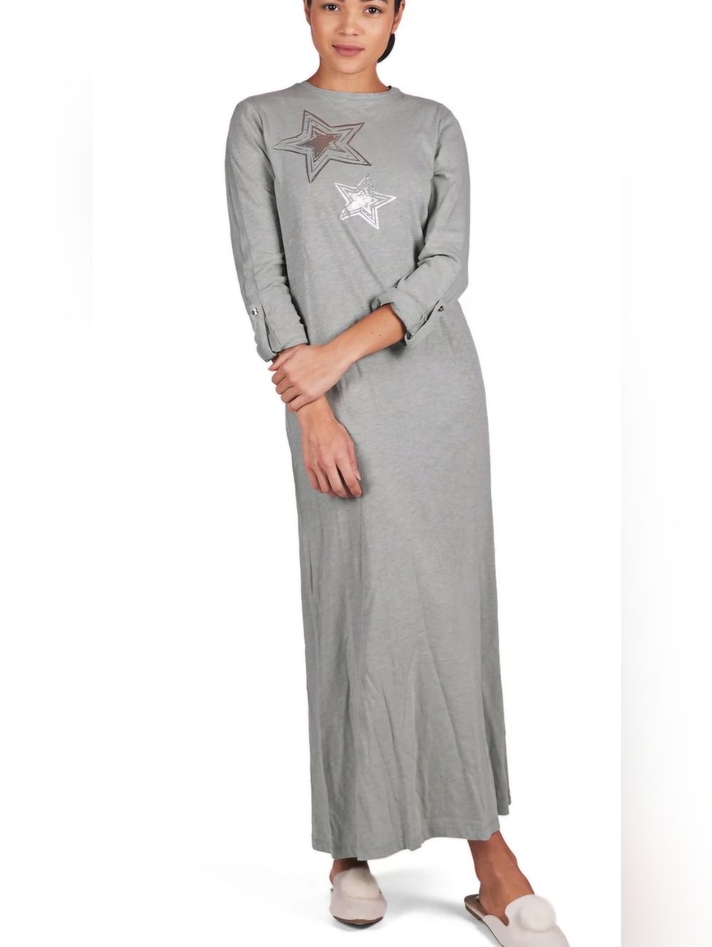 Long Sleeve Slub Knit Star-Embellished Maxi Nightdress in Sage Green